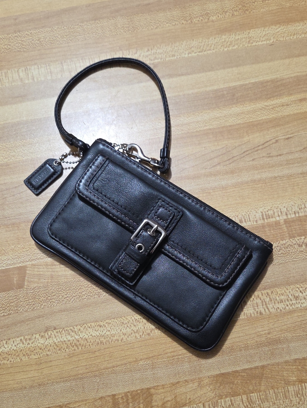 Coach Black Leather Snap Closure Wristlet